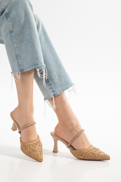shop Women's Knitted Lace Pointed Toe Heeled Shoes with Elastic Back