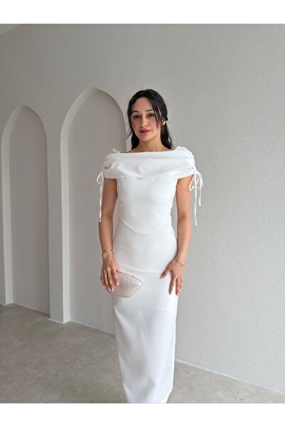 Mooi Butik PONZA Yaka Detaylı Midi Elbise 4928 - Beyaz