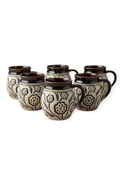 OEM Set of 6 traditional ceramic mugs, gray floral pattern, glazed, 8 cm, for...