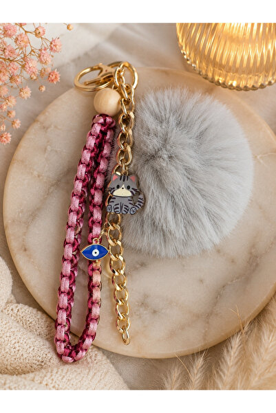 Handmade Misty Cat Pompom Charm Keychain