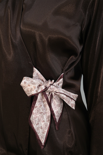 buğrahayalin Women's Belted Double-Breasted Satin Brown Shirt with Scarf Detail