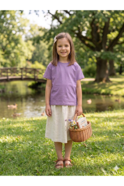 İncili Tekstil Girl's Lilac Color Crew Neck Cotton Casual Basic T-Shirt