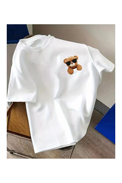 Massgai Unisex Teddy Bear with Glasses Printed Oversize 100% Cotton T-Shirt