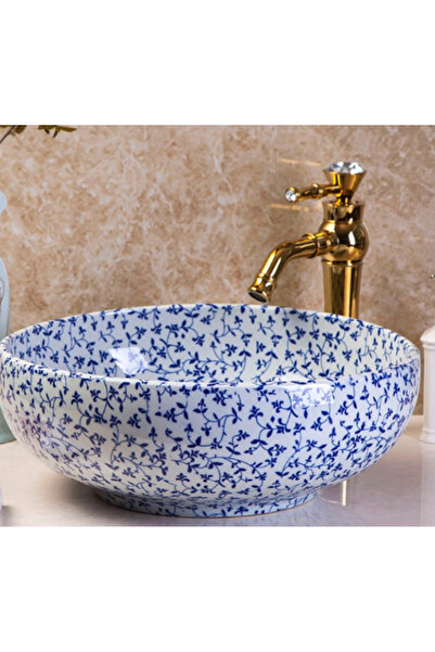 Newarc MORENA TEZGAH ÜSTÜ LAVABO MAVİ ÇİÇEK DESENLİ