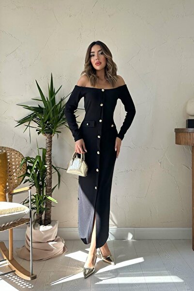 ozelia Black Knitwear Dress with Gold Buttons