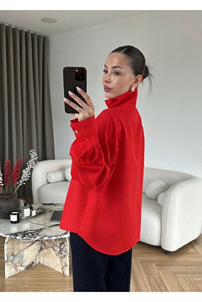 ÇEÇİM Women's Stand Collar Oversized Shirt with Snap Detail