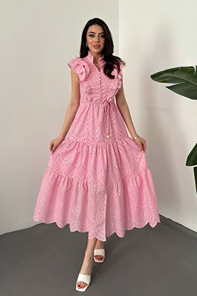 ozelia Pink Ruffled Buttoned Dress