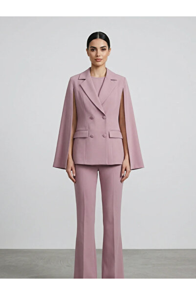 CRYSTALİA Sırtı Taş İşlemeli ve Pelerin Detaylı Kruvaze Blazer Ceket