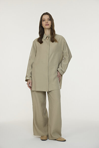 Zühre Collared Metallic Detailed Flowy Mink Suit 1814