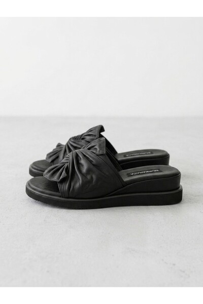 NUR KARACA 870704 Genuine Leather Slippers with Front Knot Detail for Women