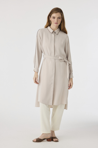 Zühre Piping Collar Belted Flowing Form Beige Tunic 1646