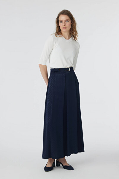 Zühre Textured Patterned Long Navy Blue Skirt 0223