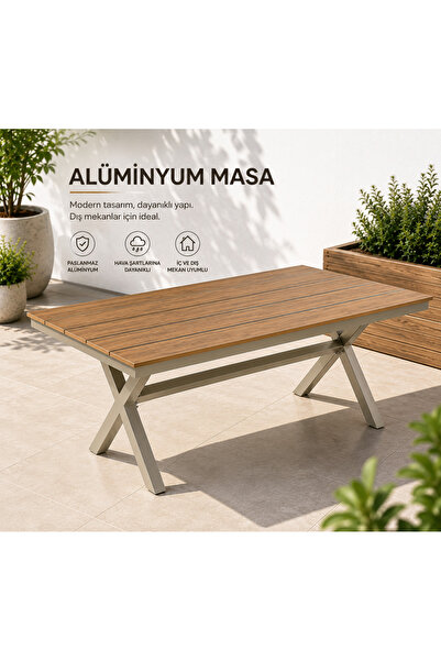 Evinizin Atölyesi Premium Alüminyum Bahçe Masası – Ahşap Görünümlü Şık Tasarım