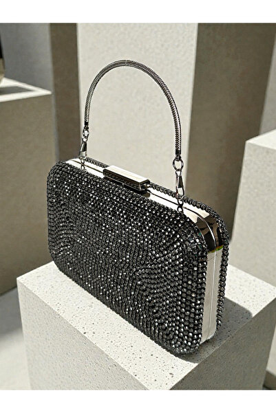 Biçanta Anthracite Gray Platinum Handmade Full Stone Metal Handle Thick Chain Women's Evening Dress Bag Wedding Engagement Graduation