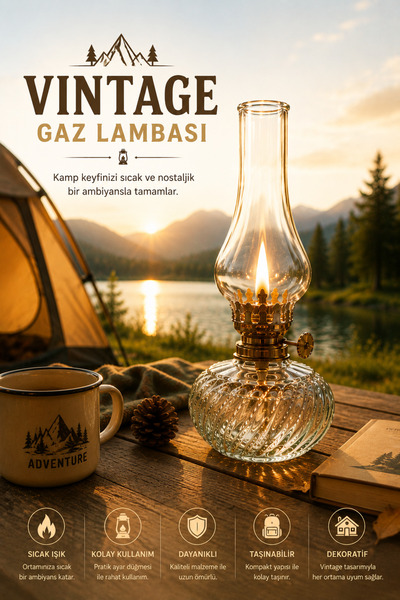 plant-home Vintage Gaz Lambası Kamp Lambası Dekoratif Nostaljik Aydınlatma Ka...