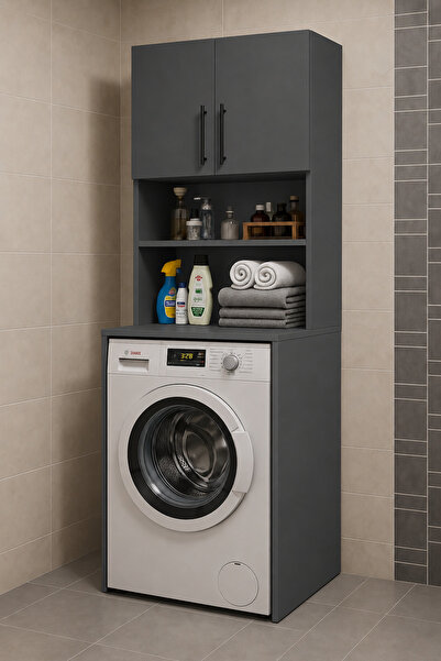 Bladimo Çamaşır Makinası Dolabı, Banyo Dolabı, 4 Raflı, Kapaklı Antrasit