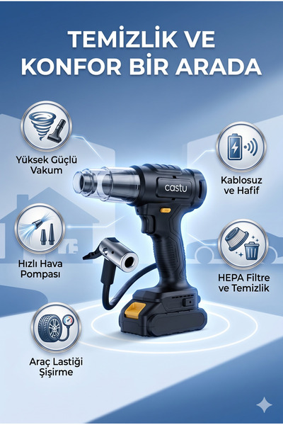 CASTU CS67 Kablosuz Dijital Hava Kompresörü Ve 20.000 lik Araç Süpürgesi 2 si...