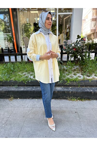 Sernisa Moda Kolları Nakış Detaylı Pamuklu Oversize Sarı Gömlek