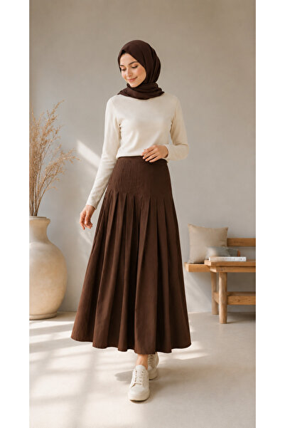 fera butik Women's Pleated Midi Skirt - Brown