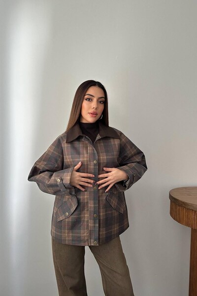 ozelia Brown Plaid Jacket with Garnished Collar
