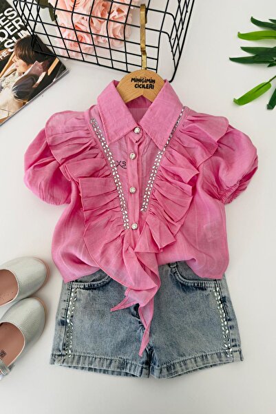 Minigimin Cicileri Set de pantaloni scurți din denim pentru fete, cu volane ș...