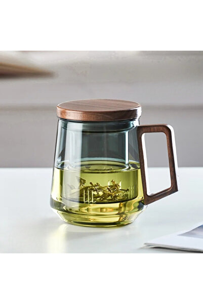 Choice 525ml Smoky Gray Glass Tea Cup with Wood Handle Filterable Tea Cup Hea...