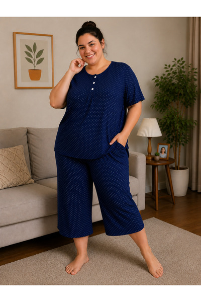 BALİS PİJAMA Women's Plus Size Floral Patterned Spotted Pajama Set Short Slee...