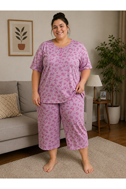 BALİS PİJAMA Women's Plus Size Floral Patterned Spotted Pajama Set Short Slee...
