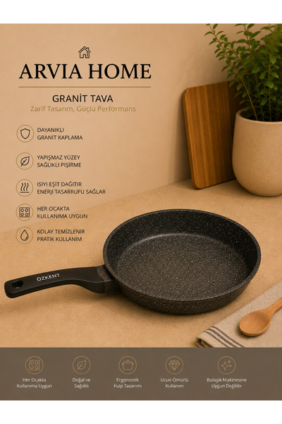 ARVİA HOME 30 Cm Döküm Granit Tava Yanmaz Yapışmaz Extra Büyük Granit Tava İn...