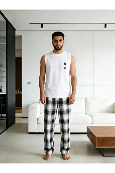 Take Two By Styli Men Printed Round Neck Tank and Checked Pants Set