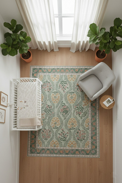 Has 1950 Green Dream Dijital Baskı Halı - Etnik Retro Desenli Yıkanabilir Kay...
