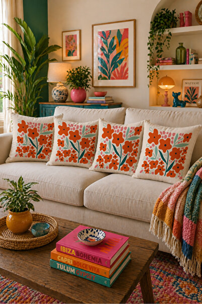 LadiesHome Retro Orange Floral Patterned 4-Piece Throw Pillow Cover 43X43 cm ...