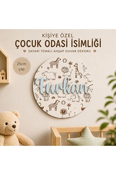 HippoDeco Kişiye Özel Ahşap İsimlik - Safari Hayvanları Figürlü Bebek Odası D...