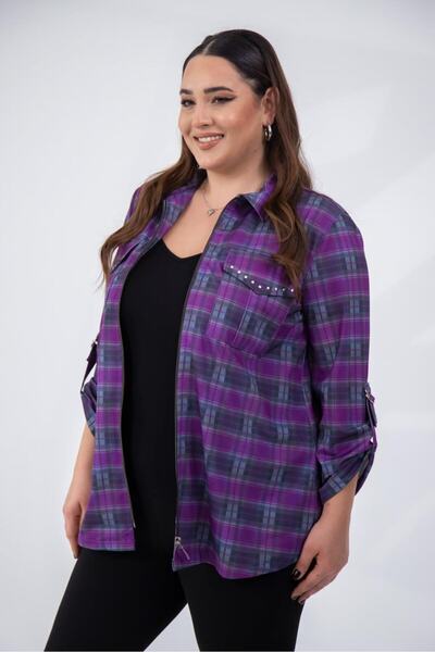 Roxxlen Women's Plus Size Zipper Shirt with Pocket Detail