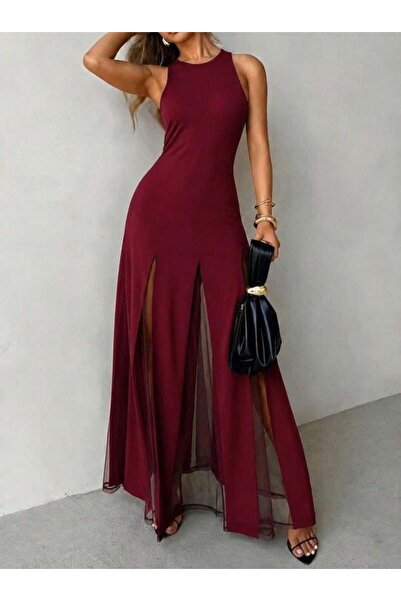 Generic Brand Women's Strappy Crew Neck Asymmetrical Hem Tulle Detailed Long ...