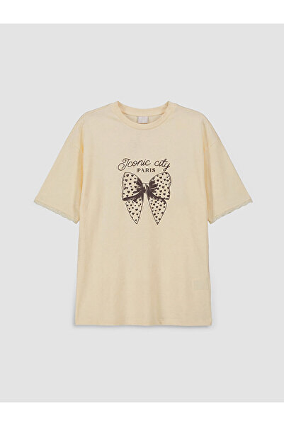 LC Waikiki Vizyon New Season Crew Neck Bow Printed Girls' T-Shirt