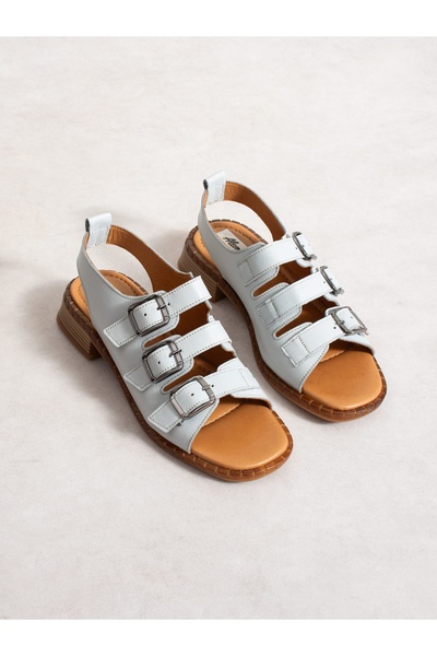 ALEMDAR AYAKKABI Zolena Gray Genuine Leather Women's Sandals with Buckle Detail