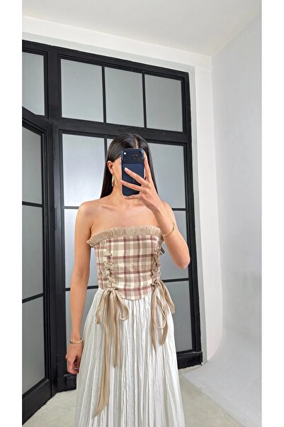 HARMONY GLOBAL Women's Beige Strapless Plaid Bustier - Stylish Crop Top with ...