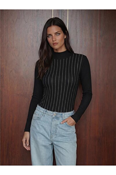 WeShaya Black Polyester Long Sleeve Slim Fit Body with Stone Detail