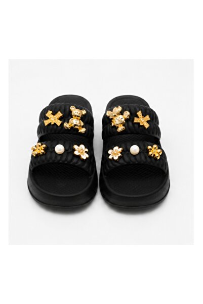 JUHR Women's Black Thick Sole Casual Slippers with Gold Accessories
