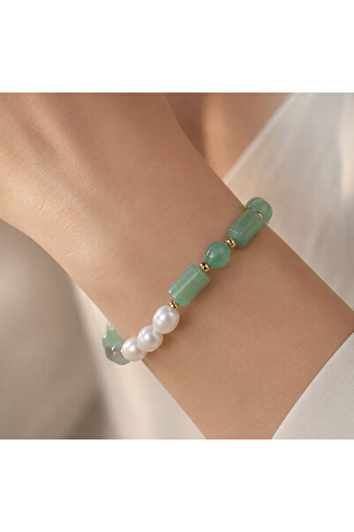 BNG AKSESUAR Natural Stone Aventurine and Real Pearl Women's Bracelet