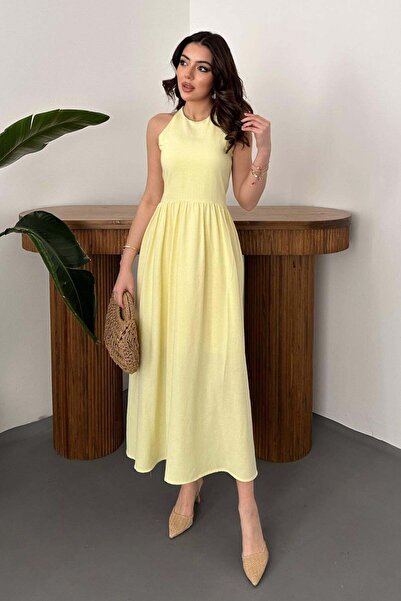 Caddebostan Moda Halter Neck Linen Maxi Dress with Gipeli Back Detail