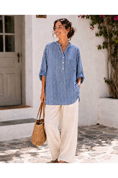 Butik Şans Women's Striped Button Detailed Oversize Three Quarter Sleeve Ital...