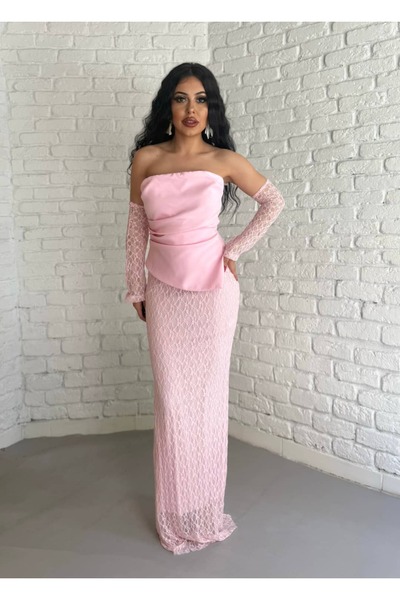moneta boutique Rochie de damă din dantelă cu mănuși și corset detaliat
