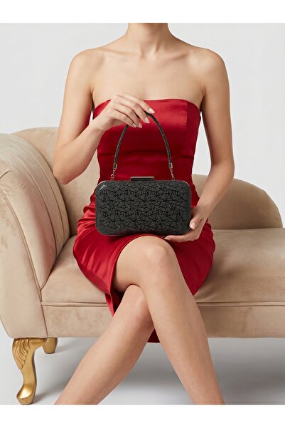 Biçanta Black Geometric Laser Pattern Women's Evening Dress Bag Black Stone H...