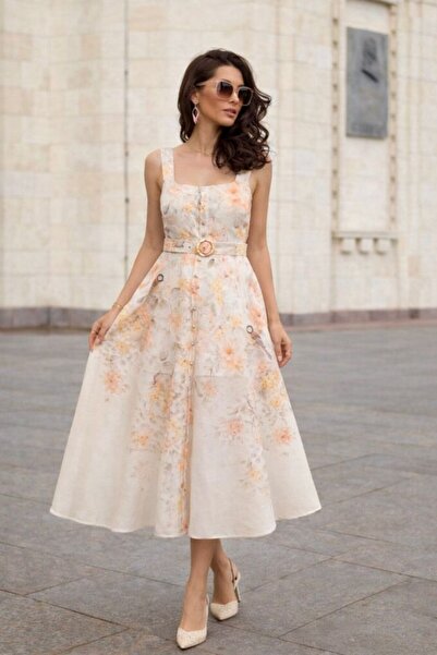 S&A Collectionn Women's Thick Strap Square Neck Buttoned Knee-Length Floral L...