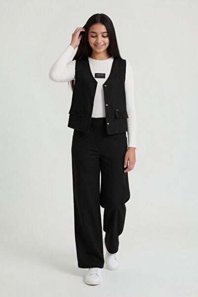 Cansın Mini Black Pocketed Linen Vest and High Waist Trousers Girl's Set 24570