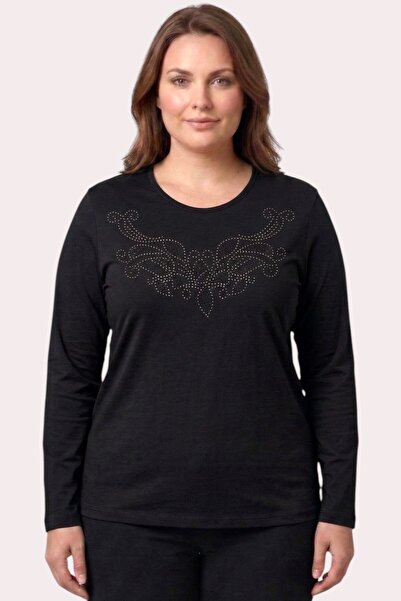 hadiora Women's Black Stone Detailed Combed Cotton Blouse
