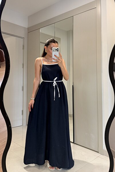 Gizem Ecemiş Above Lacivert Biyeli Keten Elbise