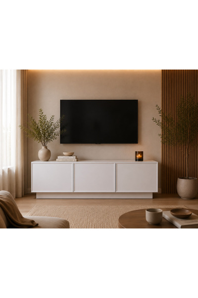 MUPİ CONCEPT Ada 135 cm TV Sehpası Beyaz 3 Kapaklı Modern Minimalist Televizy...